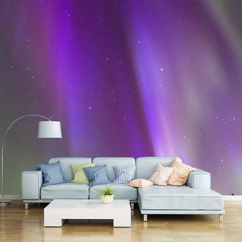 Purple Aurora Rays Mural Decal Stars View Modern Waterproofing Wall Covering for Bedroom Clearhalo 'Wall Decor' 'Wall Mural' 1785411