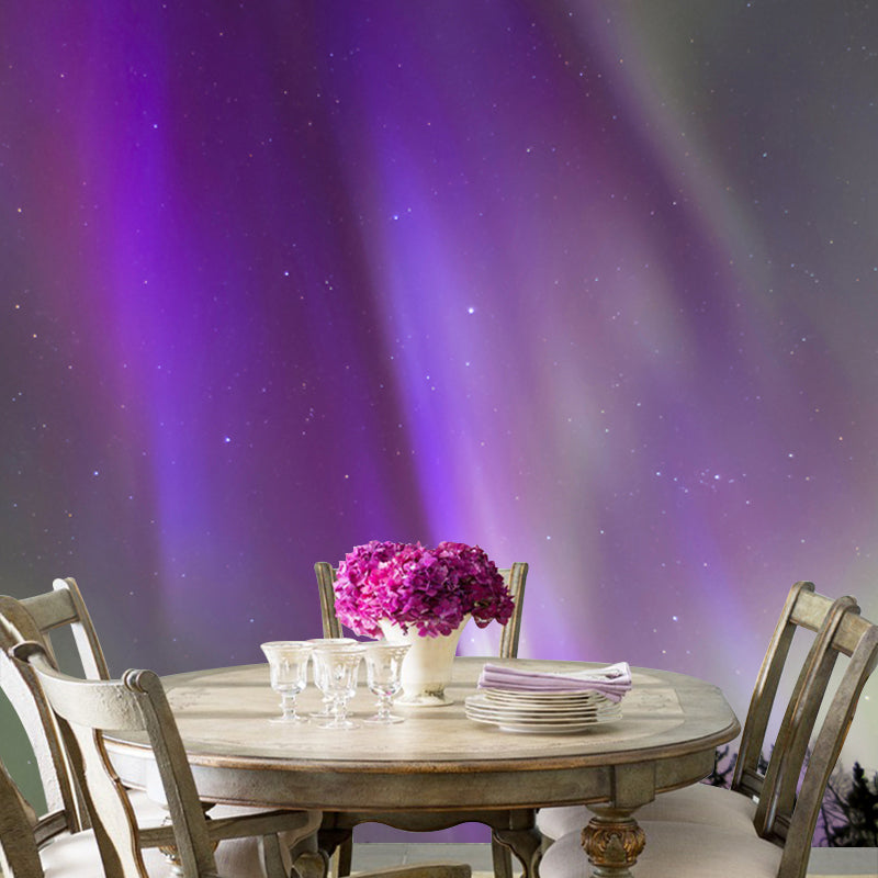 Purple Aurora Rays Mural Decal Stars View Modern Waterproofing Wall Covering for Bedroom Clearhalo 'Wall Decor' 'Wall Mural' 1785412