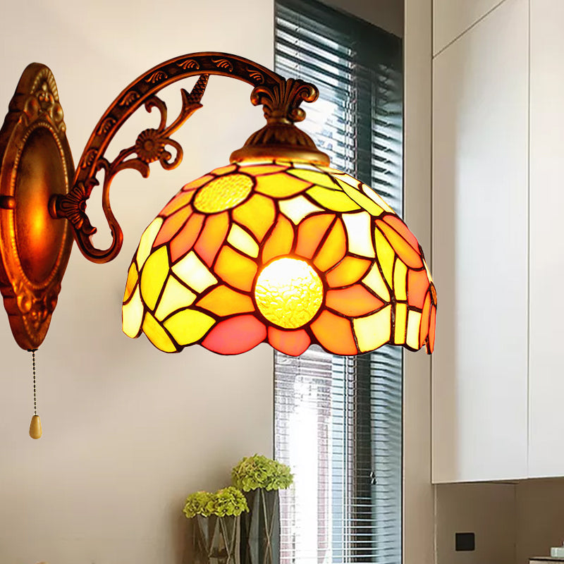 Rustic Tiffany Sunflower Wall Light with Engraved Arm 1 Head Stained Glass Wall Sconce for Living Room Clearhalo 'Industrial' 'Middle century wall lights' 'Tiffany wall lights' 'Tiffany' 'Wall Lamps & Sconces' 'Wall Lights' Lighting' 178543