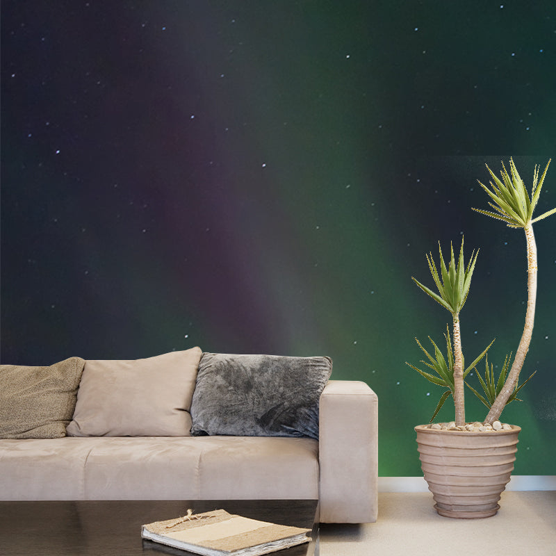 Aurora on Starry Sky Mural in Purple-Green Modernism Wall Covering for Living Room Clearhalo 'Wall Decor' 'Wall Mural' 1785687