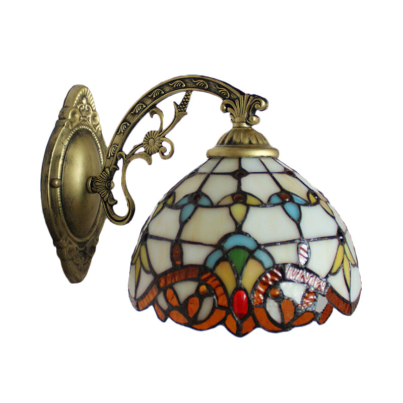 Beige Domed Wall Light with Engraved Arm 1 Light Tiffany Victoria Stained Glass Wall Lamp for Corridor Clearhalo 'Industrial' 'Middle century wall lights' 'Tiffany wall lights' 'Tiffany' 'Wall Lamps & Sconces' 'Wall Lights' Lighting' 178582