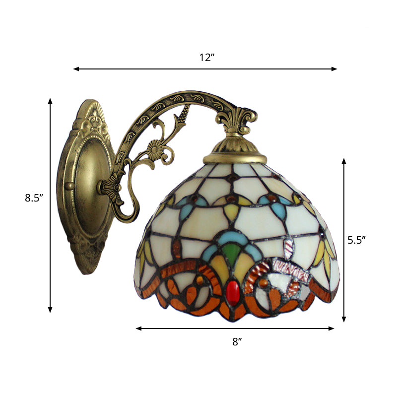 Beige Domed Wall Light with Engraved Arm 1 Light Tiffany Victoria Stained Glass Wall Lamp for Corridor Clearhalo 'Industrial' 'Middle century wall lights' 'Tiffany wall lights' 'Tiffany' 'Wall Lamps & Sconces' 'Wall Lights' Lighting' 178583
