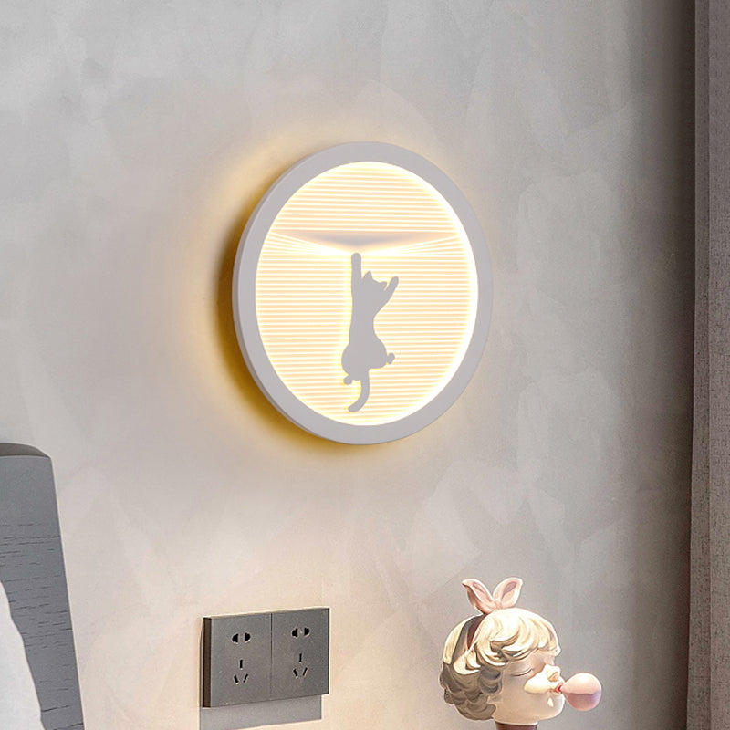 Circular Bedside Surface Wall Sconce Acrylic LED Cartoon Wall Lighting with Umbrella/Cloud/Bird Design in White White Cat Clearhalo 'Wall Lamps & Sconces' 'Wall Lights' Lighting' 1786543