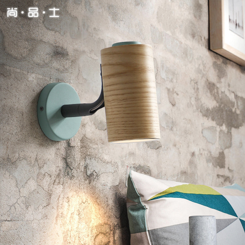 Cylindrical Wood Wall Mount Light Fixture Minimalism 1 Light Yellow/Blue/Green Sconce Light Fixture for Bathroom Blue Clearhalo 'Modern wall lights' 'Modern' 'Wall Lamps & Sconces' 'Wall Lights' Lighting' 1786684