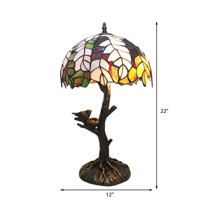 Rustic Tiffany Leaf Desk Light with Tree Base 1 Head Stained Glass Table Light in Green and White for Cafe Clearhalo 'Lamps' 'Table Lamps' Lighting' 178676