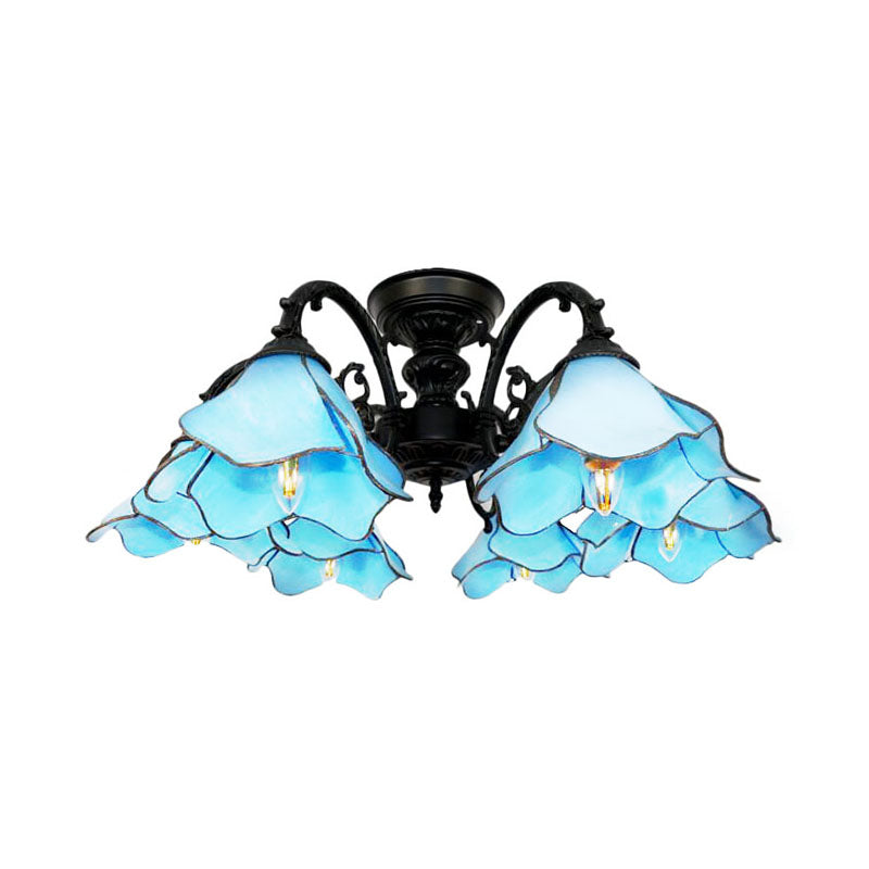 6 Lights Bookstore Flower Pendant Light Art Glass Tiffany Creative Blue Chandelier for Hotel Clearhalo 'Ceiling Lights' 'Close To Ceiling Lights' 'Close to ceiling' 'Glass shade' 'Glass' 'Pendant Lights' 'Semi-flushmount' 'Tiffany close to ceiling' 'Tiffany' Lighting' 178702