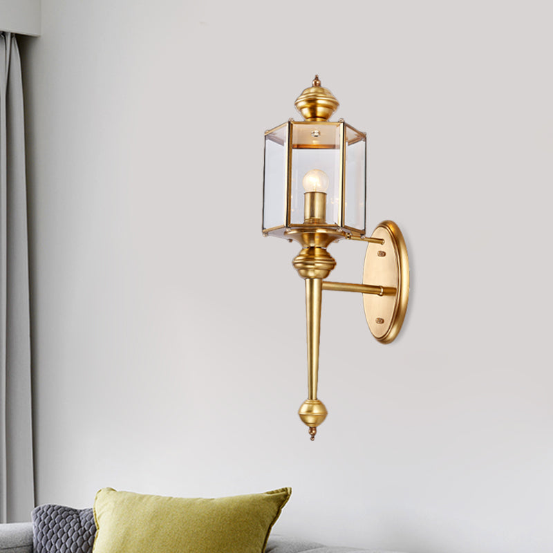 Polygon Hallway Wall Light Fixture Traditional Transparent Glass 1 Head Brass Wall Mount Lighting Brass Clearhalo 'Wall Lamps & Sconces' 'Wall Lights' Lighting' 1787222