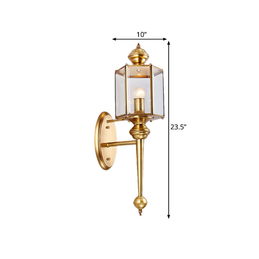 Polygon Hallway Wall Light Fixture Traditional Transparent Glass 1 Head Brass Wall Mount Lighting Clearhalo 'Wall Lamps & Sconces' 'Wall Lights' Lighting' 1787224