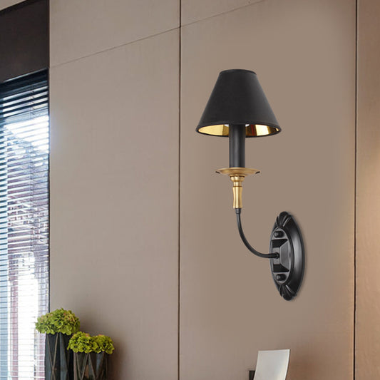 Black 1/2-Bulb Wall Lamp Sconce Vintage Fabric Barrel Wall Mounted Light with Curvy Arm for Hallway Clearhalo 'Wall Lamps & Sconces' 'Wall Lights' Lighting' 1787229
