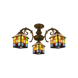 3/5/6 Lights Vintage Tiffany House Chandelier Stained Glass Pendant Light for Restaurant Library Clearhalo 'Ceiling Lights' 'Close To Ceiling Lights' 'Close to ceiling' 'Glass shade' 'Glass' 'Semi-flushmount' 'Tiffany close to ceiling' 'Tiffany' Lighting' 178722