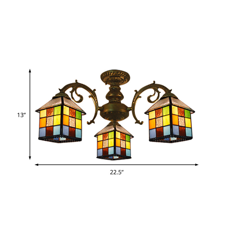 3/5/6 Lights Vintage Tiffany House Chandelier Stained Glass Pendant Light for Restaurant Library Clearhalo 'Ceiling Lights' 'Close To Ceiling Lights' 'Close to ceiling' 'Glass shade' 'Glass' 'Semi-flushmount' 'Tiffany close to ceiling' 'Tiffany' Lighting' 178723
