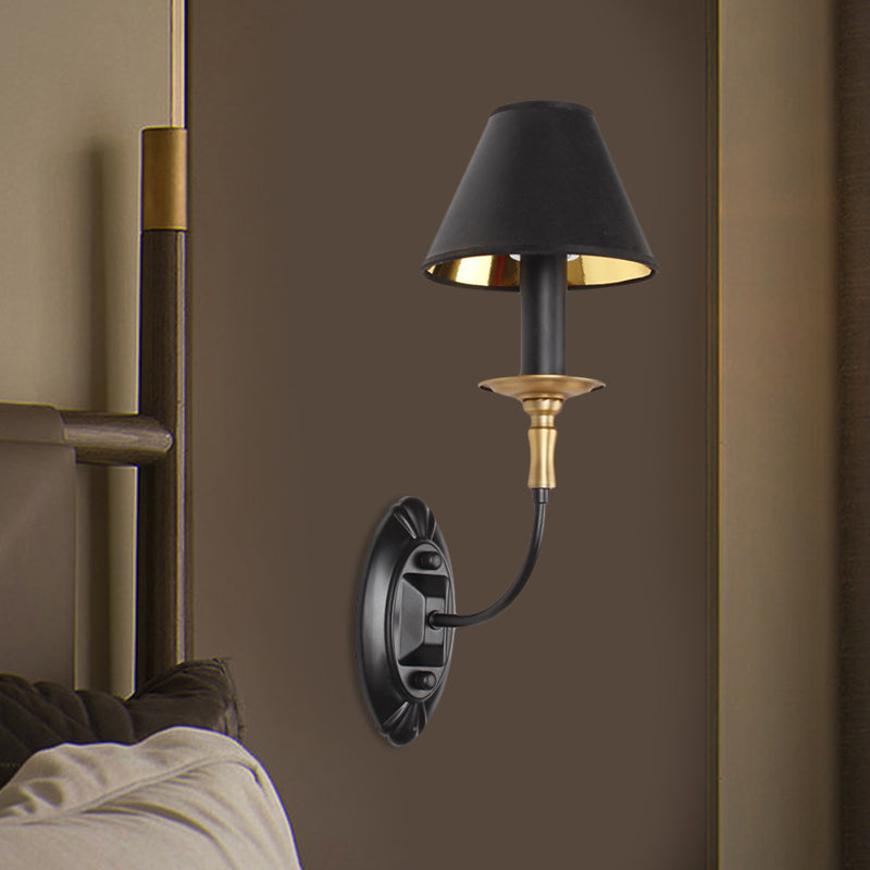 Black 1/2-Bulb Wall Lamp Sconce Vintage Fabric Barrel Wall Mounted Light with Curvy Arm for Hallway 1.0 Black Clearhalo 'Wall Lamps & Sconces' 'Wall Lights' Lighting' 1787230