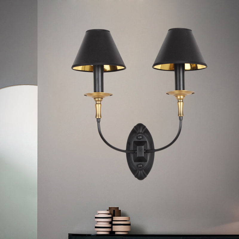 Black 1/2-Bulb Wall Lamp Sconce Vintage Fabric Barrel Wall Mounted Light with Curvy Arm for Hallway 2.0 Black Clearhalo 'Wall Lamps & Sconces' 'Wall Lights' Lighting' 1787234