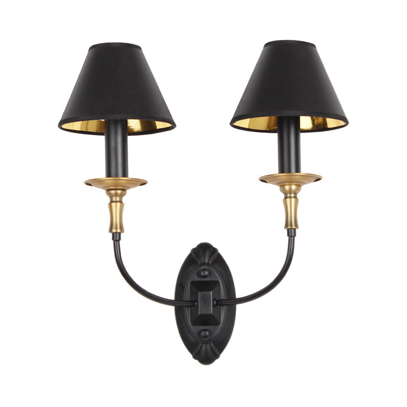 Black 1/2-Bulb Wall Lamp Sconce Vintage Fabric Barrel Wall Mounted Light with Curvy Arm for Hallway Clearhalo 'Wall Lamps & Sconces' 'Wall Lights' Lighting' 1787236