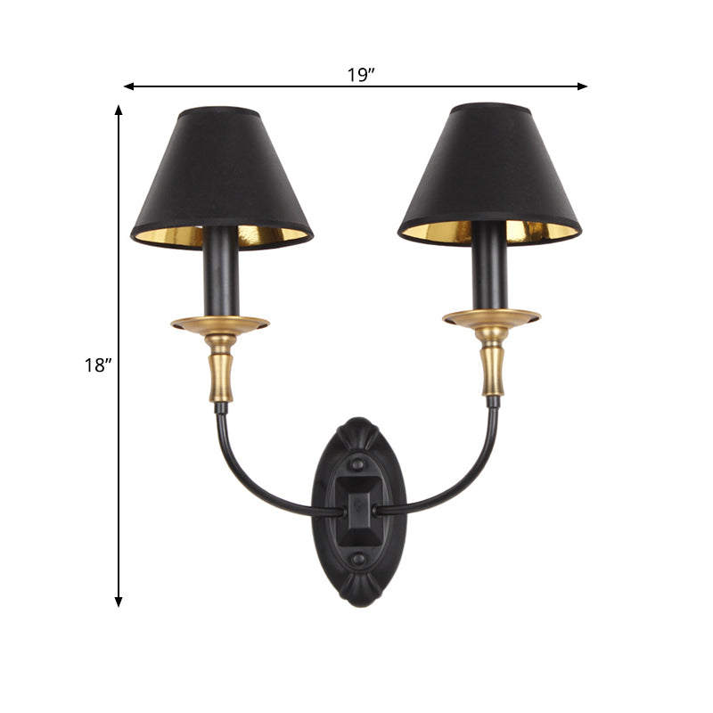 Black 1/2-Bulb Wall Lamp Sconce Vintage Fabric Barrel Wall Mounted Light with Curvy Arm for Hallway Clearhalo 'Wall Lamps & Sconces' 'Wall Lights' Lighting' 1787238