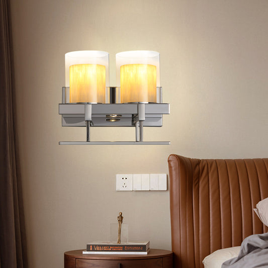 Column Metal Wall Sconce Light Traditional 2 Heads Bedroom Wall Lamp Fixture in Chrome with Glass Holder Clearhalo 'Wall Lamps & Sconces' 'Wall Lights' Lighting' 1787246