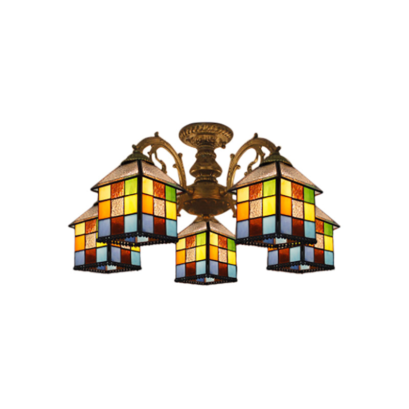 3/5/6 Lights Vintage Tiffany House Chandelier Stained Glass Pendant Light for Restaurant Library Clearhalo 'Ceiling Lights' 'Close To Ceiling Lights' 'Close to ceiling' 'Glass shade' 'Glass' 'Semi-flushmount' 'Tiffany close to ceiling' 'Tiffany' Lighting' 178725