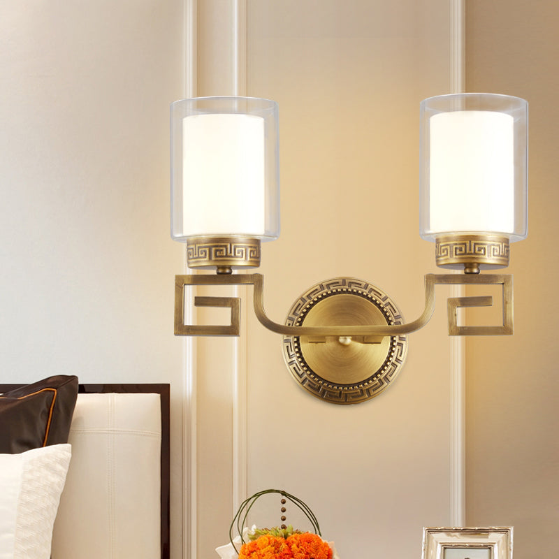 2 Lights Cylinder Sconce Lamp Colonialist Gold Clear and Opal Glass Wall Mounted Light Fixture Clearhalo 'Wall Lamps & Sconces' 'Wall Lights' Lighting' 1787258