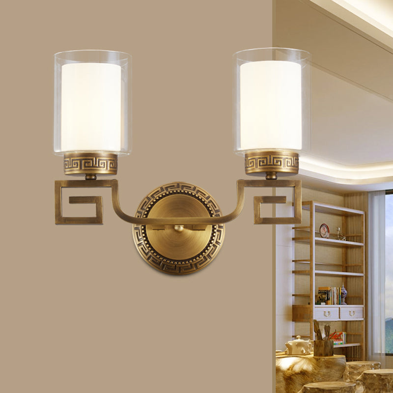 2 Lights Cylinder Sconce Lamp Colonialist Gold Clear and Opal Glass Wall Mounted Light Fixture Gold Clearhalo 'Wall Lamps & Sconces' 'Wall Lights' Lighting' 1787259