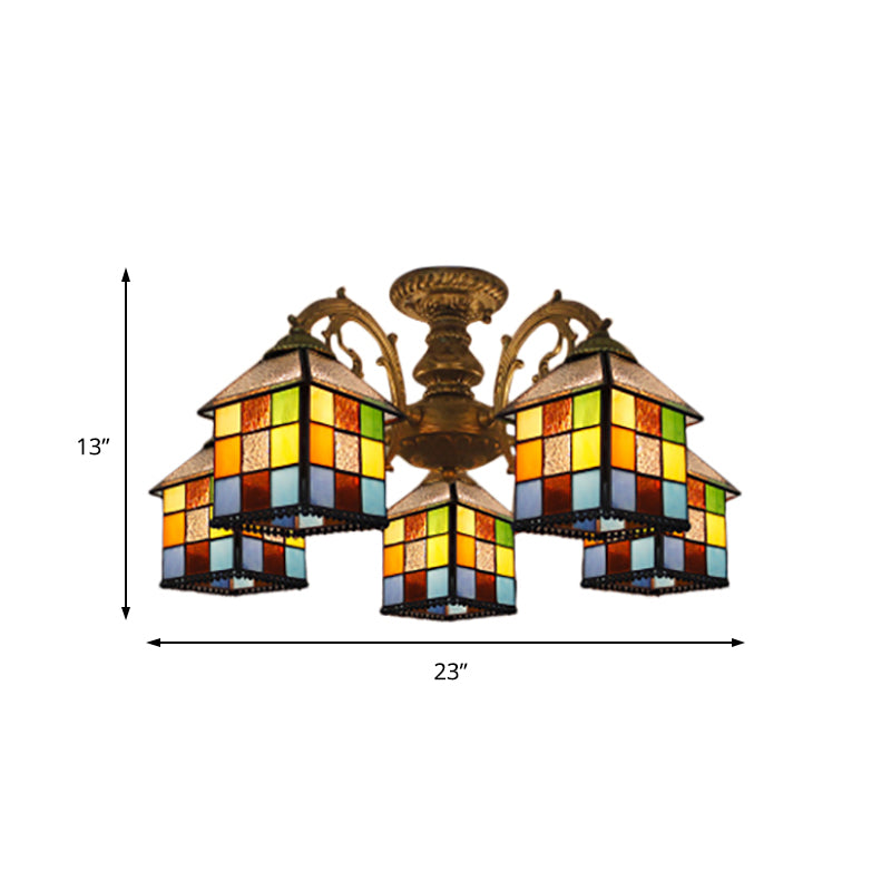 3/5/6 Lights Vintage Tiffany House Chandelier Stained Glass Pendant Light for Restaurant Library Clearhalo 'Ceiling Lights' 'Close To Ceiling Lights' 'Close to ceiling' 'Glass shade' 'Glass' 'Semi-flushmount' 'Tiffany close to ceiling' 'Tiffany' Lighting' 178726