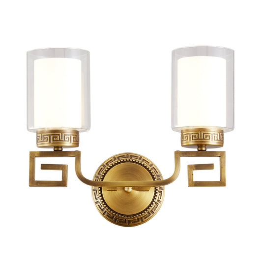 2 Lights Cylinder Sconce Lamp Colonialist Gold Clear and Opal Glass Wall Mounted Light Fixture Clearhalo 'Wall Lamps & Sconces' 'Wall Lights' Lighting' 1787260