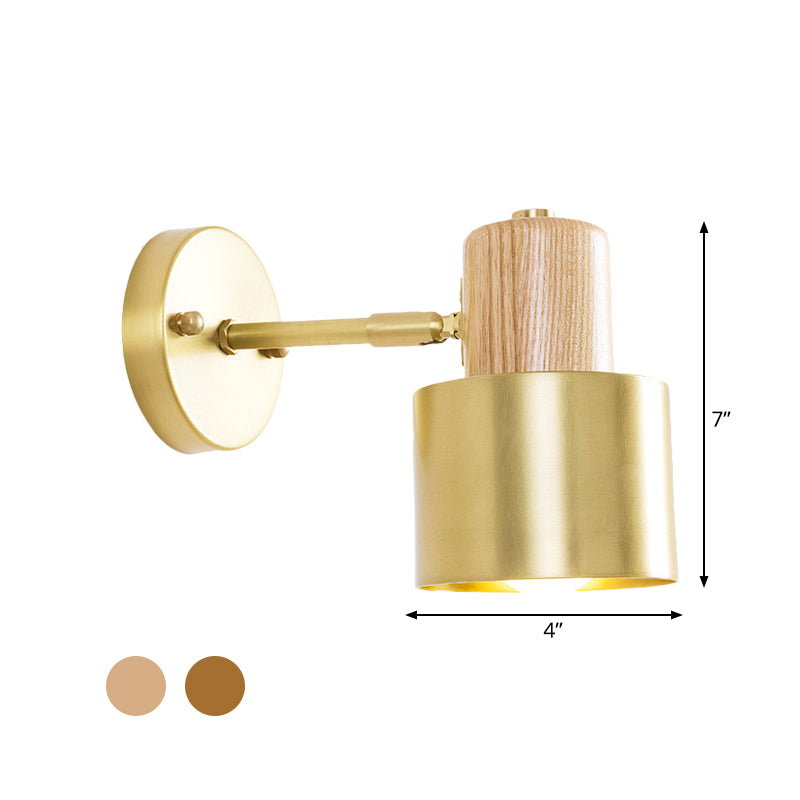 Beige/Brown Cylinder Wall Sconce Colonialism Metal 1 Light Bedroom Wall Lighting Fixture with Wooden Top Clearhalo 'Wall Lamps & Sconces' 'Wall Lights' Lighting' 1787272