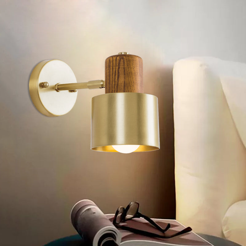 Beige/Brown Cylinder Wall Sconce Colonialism Metal 1 Light Bedroom Wall Lighting Fixture with Wooden Top Brown Clearhalo 'Wall Lamps & Sconces' 'Wall Lights' Lighting' 1787273