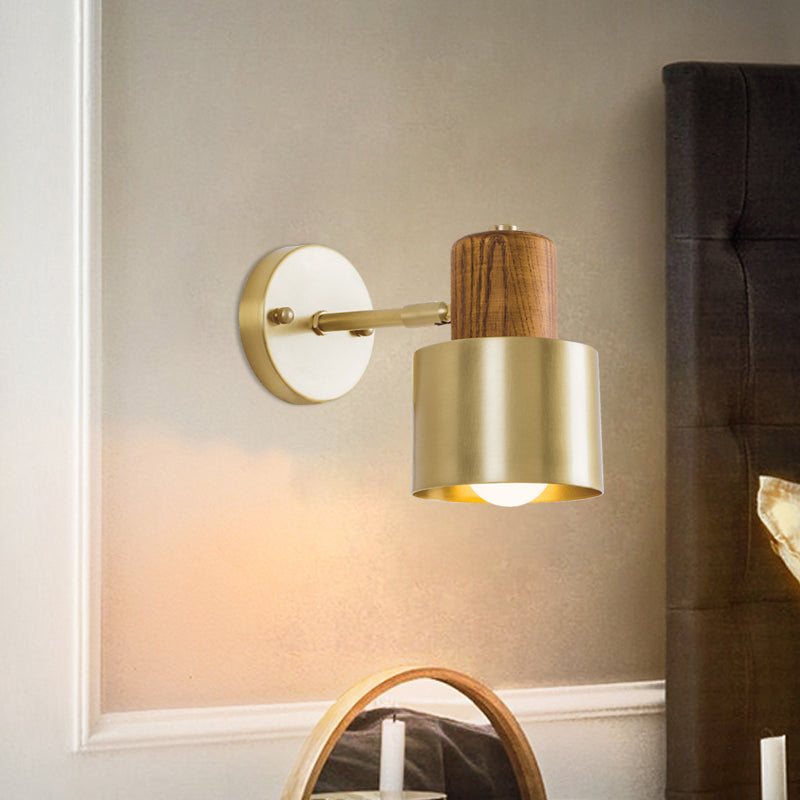 Beige/Brown Cylinder Wall Sconce Colonialism Metal 1 Light Bedroom Wall Lighting Fixture with Wooden Top Clearhalo 'Wall Lamps & Sconces' 'Wall Lights' Lighting' 1787274