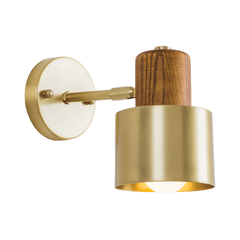 Beige/Brown Cylinder Wall Sconce Colonialism Metal 1 Light Bedroom Wall Lighting Fixture with Wooden Top Clearhalo 'Wall Lamps & Sconces' 'Wall Lights' Lighting' 1787276