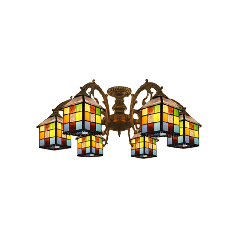 3/5/6 Lights Vintage Tiffany House Chandelier Stained Glass Pendant Light for Restaurant Library Clearhalo 'Ceiling Lights' 'Close To Ceiling Lights' 'Close to ceiling' 'Glass shade' 'Glass' 'Semi-flushmount' 'Tiffany close to ceiling' 'Tiffany' Lighting' 178728