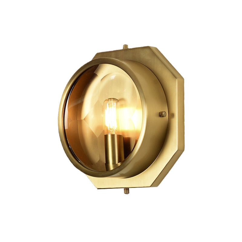 Octagon Bedroom Wall Mounted Light Colonialism Metal 1 Head Gold Sconce with Crystal Accent Clearhalo 'Wall Lamps & Sconces' 'Wall Lights' Lighting' 1787285