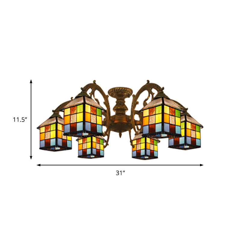 3/5/6 Lights Vintage Tiffany House Chandelier Stained Glass Pendant Light for Restaurant Library Clearhalo 'Ceiling Lights' 'Close To Ceiling Lights' 'Close to ceiling' 'Glass shade' 'Glass' 'Semi-flushmount' 'Tiffany close to ceiling' 'Tiffany' Lighting' 178729