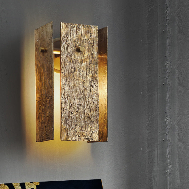 Rectangular Metal Wall Mounted Lighting Colonial 1 Bulb Bedroom Wall Light in Gold with Bark Texture Clearhalo 'Wall Lamps & Sconces' 'Wall Lights' Lighting' 1787292