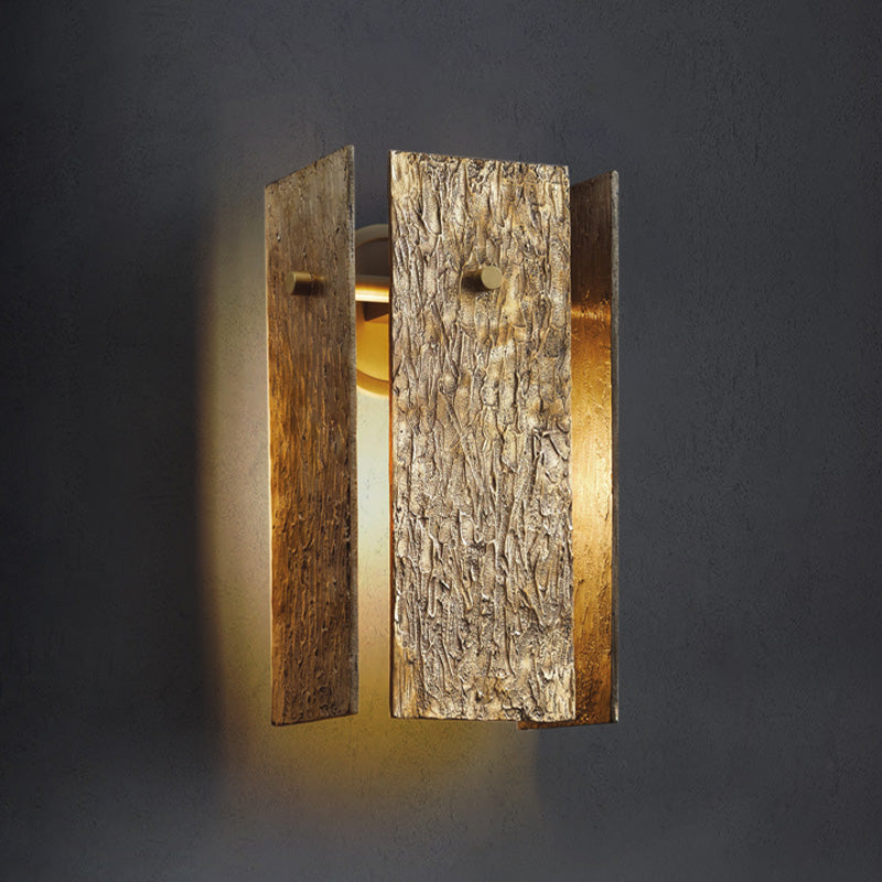 Rectangular Metal Wall Mounted Lighting Colonial 1 Bulb Bedroom Wall Light in Gold with Bark Texture Gold Clearhalo 'Wall Lamps & Sconces' 'Wall Lights' Lighting' 1787293