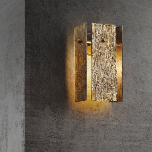 Rectangular Metal Wall Mounted Lighting Colonial 1 Bulb Bedroom Wall Light in Gold with Bark Texture Clearhalo 'Wall Lamps & Sconces' 'Wall Lights' Lighting' 1787294