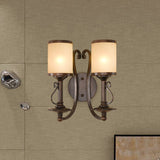 Traditional Column Wall Sconce Light 2 Lights Frosted Prismatic Glass Wall Mounted Lighting in Brown Clearhalo 'Wall Lamps & Sconces' 'Wall Lights' Lighting' 1787322