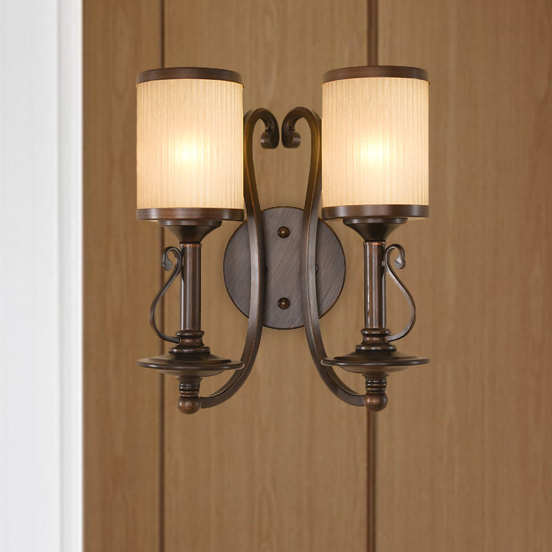 Traditional Column Wall Sconce Light 2 Lights Frosted Prismatic Glass Wall Mounted Lighting in Brown Brown Clearhalo 'Wall Lamps & Sconces' 'Wall Lights' Lighting' 1787323