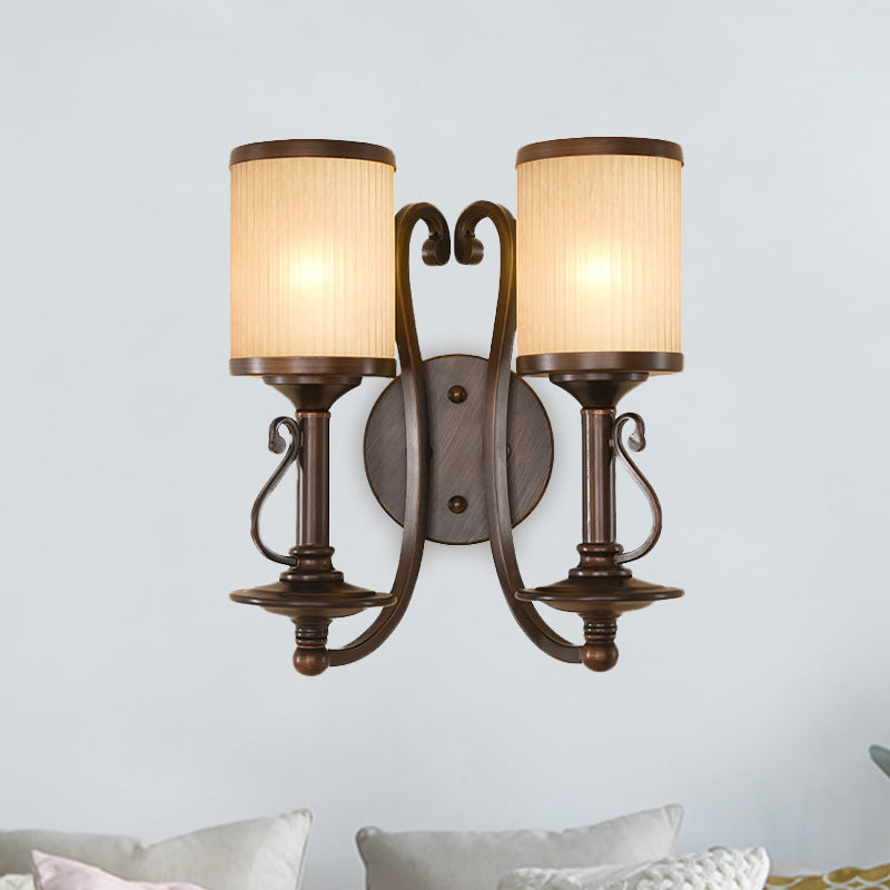 Traditional Column Wall Sconce Light 2 Lights Frosted Prismatic Glass Wall Mounted Lighting in Brown Clearhalo 'Wall Lamps & Sconces' 'Wall Lights' Lighting' 1787324