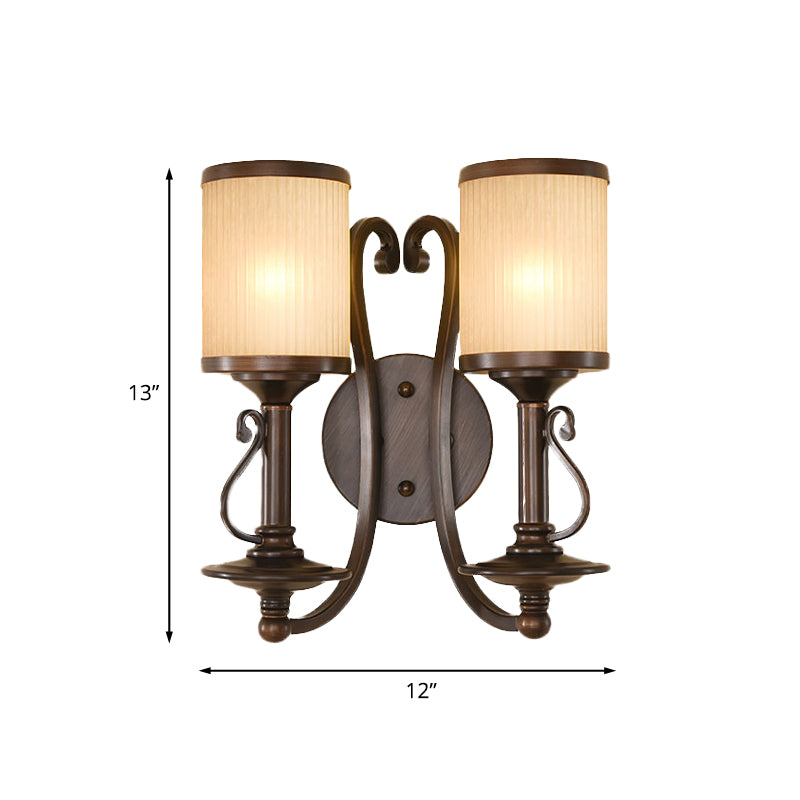 Traditional Column Wall Sconce Light 2 Lights Frosted Prismatic Glass Wall Mounted Lighting in Brown Clearhalo 'Wall Lamps & Sconces' 'Wall Lights' Lighting' 1787326