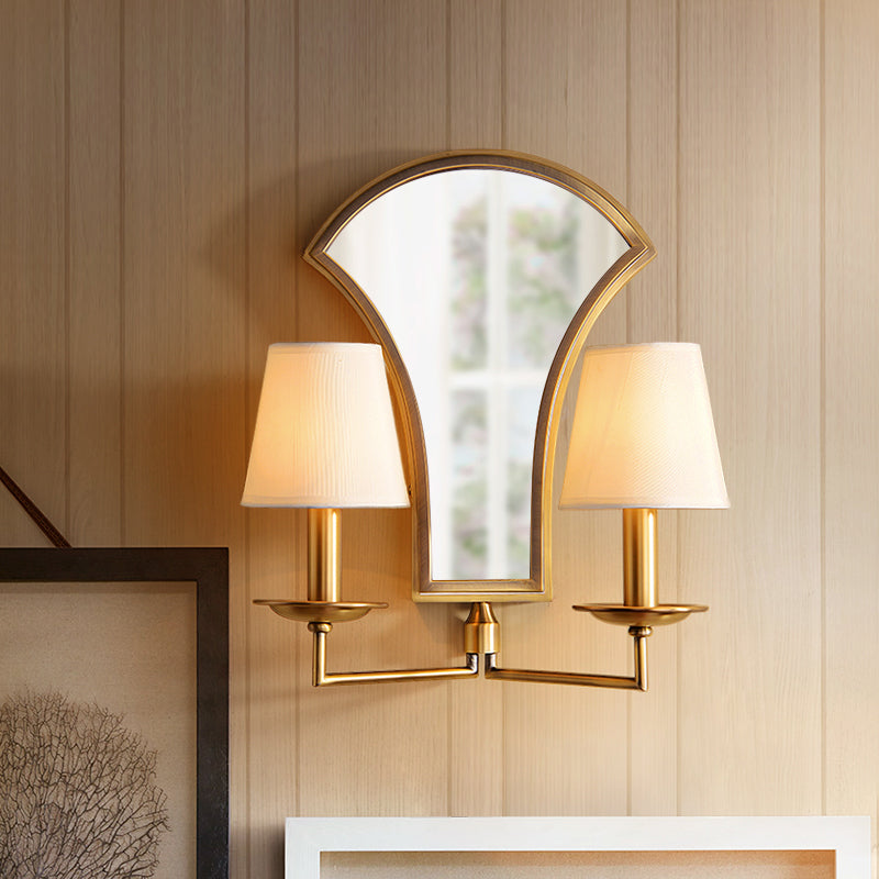 Retro Candlestick Wall Lamp 2 Bulbs Metal Sconce Light Fixture in Gold with Mirror and Fabric Empire Shade Gold Clearhalo 'Wall Lamps & Sconces' 'Wall Lights' Lighting' 1787347