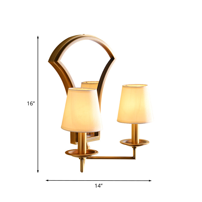 Retro Candlestick Wall Lamp 2 Bulbs Metal Sconce Light Fixture in Gold with Mirror and Fabric Empire Shade Clearhalo 'Wall Lamps & Sconces' 'Wall Lights' Lighting' 1787350