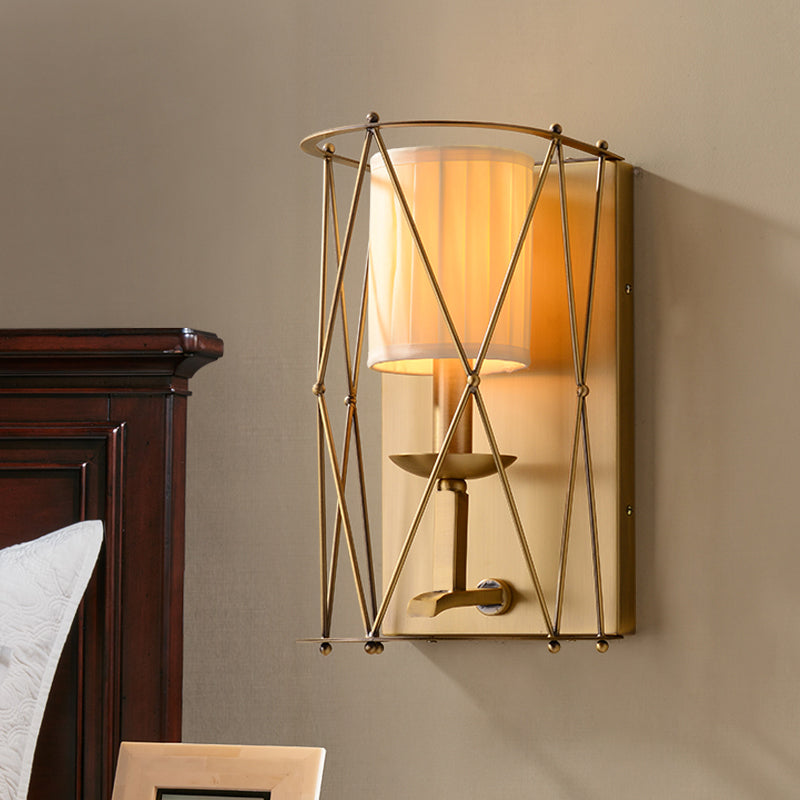 Lodges Cylindrical Wall Lighting Single Gathered Fabric Sconce with Gold Lattice Net Gold Clearhalo 'Wall Lamps & Sconces' 'Wall Lights' Lighting' 1787357