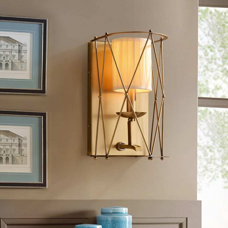 Lodges Cylindrical Wall Lighting Single Gathered Fabric Sconce with Gold Lattice Net Clearhalo 'Wall Lamps & Sconces' 'Wall Lights' Lighting' 1787358