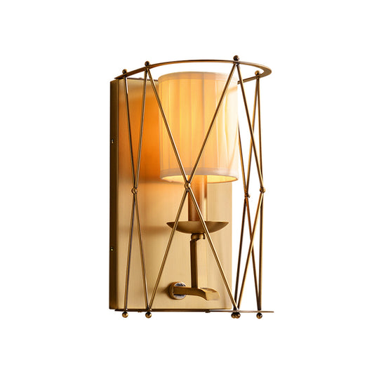 Lodges Cylindrical Wall Lighting Single Gathered Fabric Sconce with Gold Lattice Net Clearhalo 'Wall Lamps & Sconces' 'Wall Lights' Lighting' 1787359