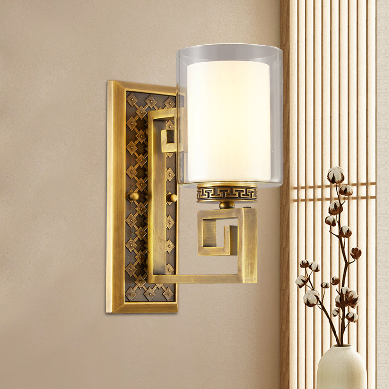 Antiqued Gold/Black Sconce Ideas Traditional Transparent and Matte Glass Dual Shade Pillar Wall Mounted Light Clearhalo 'Wall Lamps & Sconces' 'Wall Lights' Lighting' 1787371