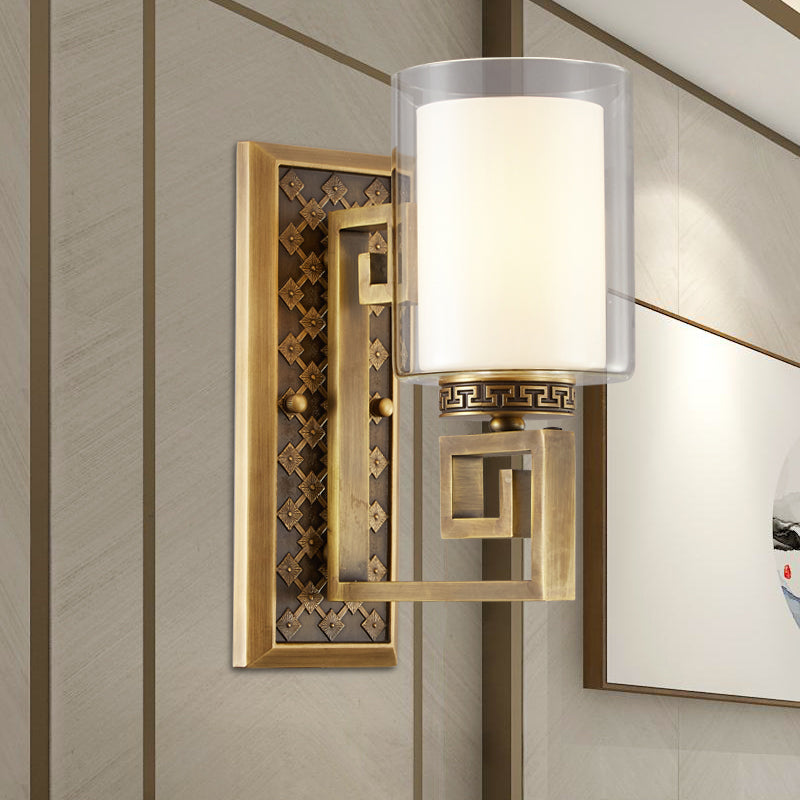 Antiqued Gold/Black Sconce Ideas Traditional Transparent and Matte Glass Dual Shade Pillar Wall Mounted Light Gold Clearhalo 'Wall Lamps & Sconces' 'Wall Lights' Lighting' 1787372