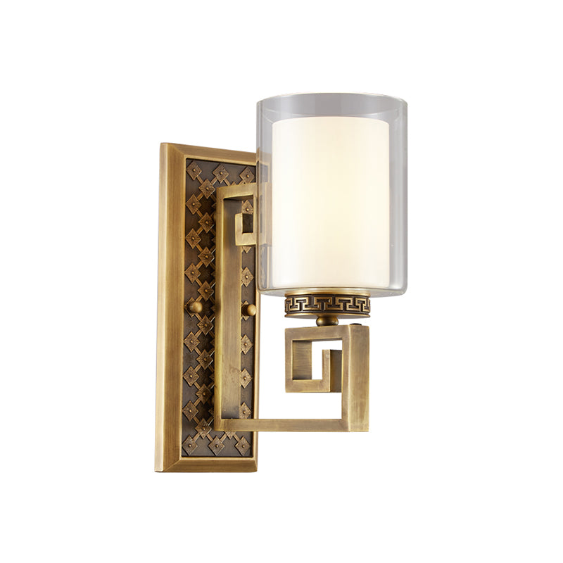 Antiqued Gold/Black Sconce Ideas Traditional Transparent and Matte Glass Dual Shade Pillar Wall Mounted Light Clearhalo 'Wall Lamps & Sconces' 'Wall Lights' Lighting' 1787374