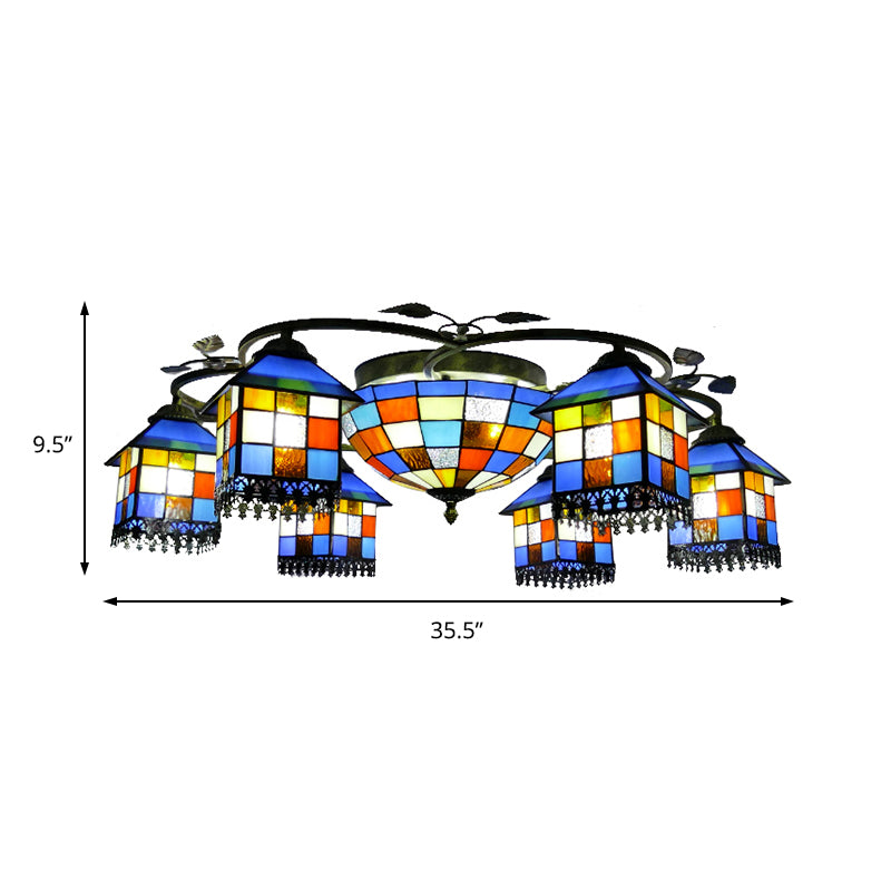 Mosaic House Pendant Light with Central Bowl Stained Glass Multi-Head Chandelier for Hotel Clearhalo 'Ceiling Lights' 'Close To Ceiling Lights' 'Close to ceiling' 'Glass shade' 'Glass' 'Pendant Lights' 'Semi-flushmount' 'Tiffany close to ceiling' 'Tiffany' Lighting' 178740