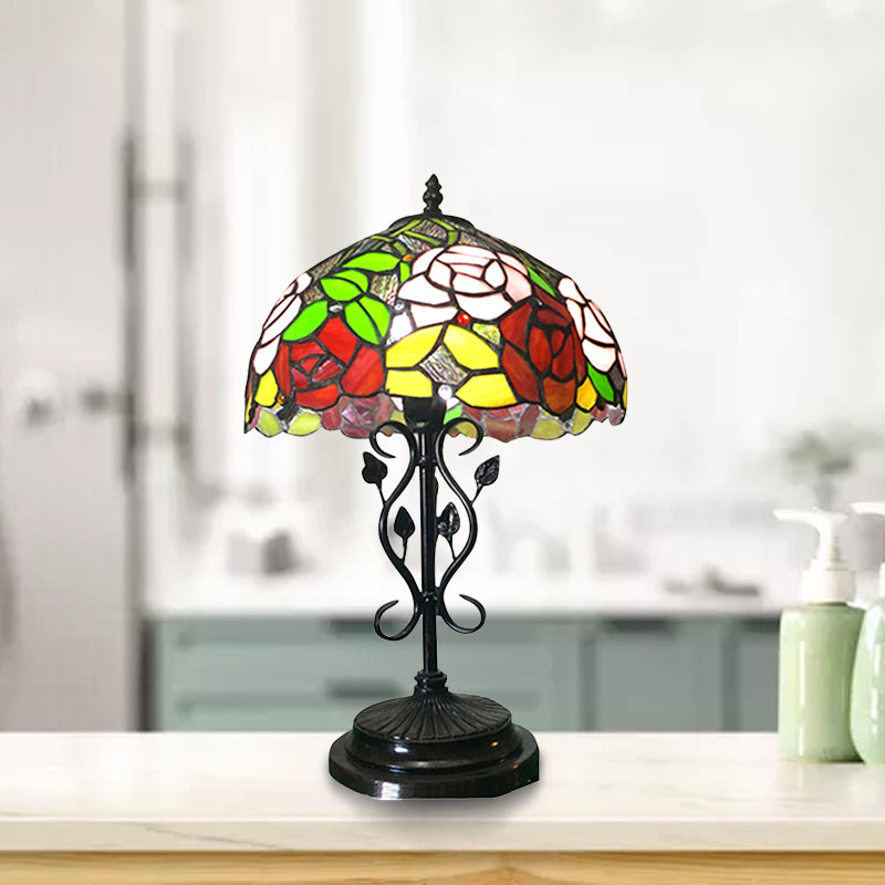 Stained Glass Rose Desk Light with Leaf Base Office 1 Bulb Tiffany Rustic Desk Lamp in Black Finish Black Clearhalo 'Lamps' 'Table Lamps' Lighting' 178741