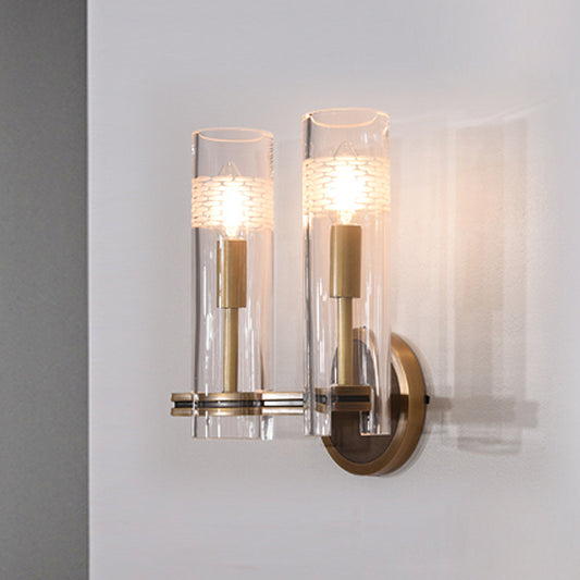 Clear Glass Gold Wall Lamp Sconce Cylindrical 1/2-Bulb Colonialist Wall Mounted Light for Living Room Clearhalo 'Wall Lamps & Sconces' 'Wall Lights' Lighting' 1787410